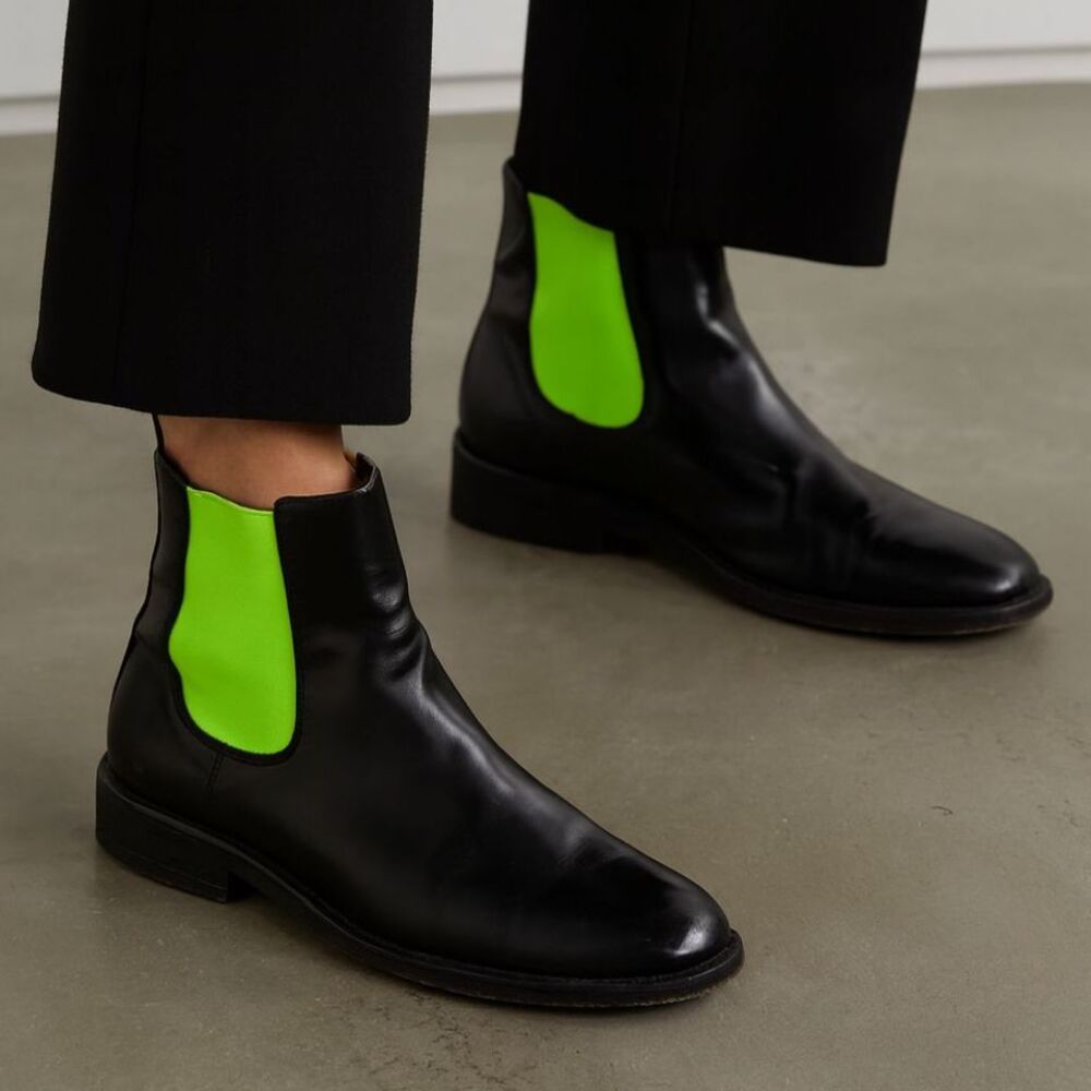 CHRISTOPHER KANE Fluorescent Black/Green Polished Leather Chelsea Boots Womens 6
